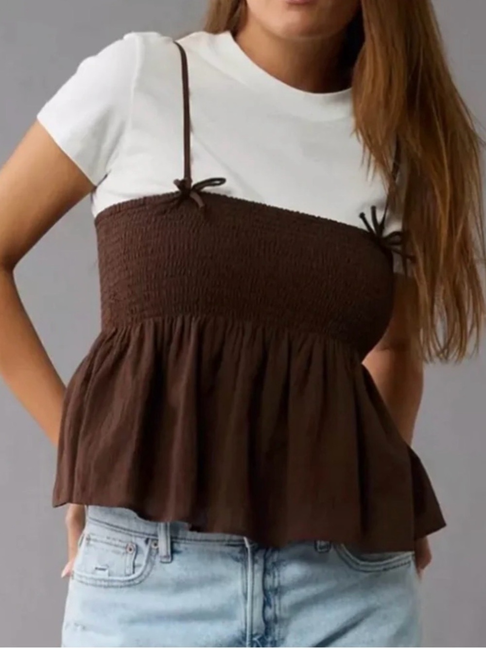 American Eagle Smocked Babydoll Cami Top Brown Size L